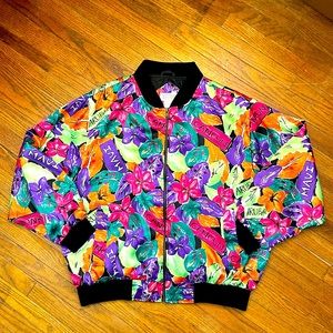 Vintage Stefano World Wide Tropical Satin Bomber Jacket Size L Travel Beach 90s